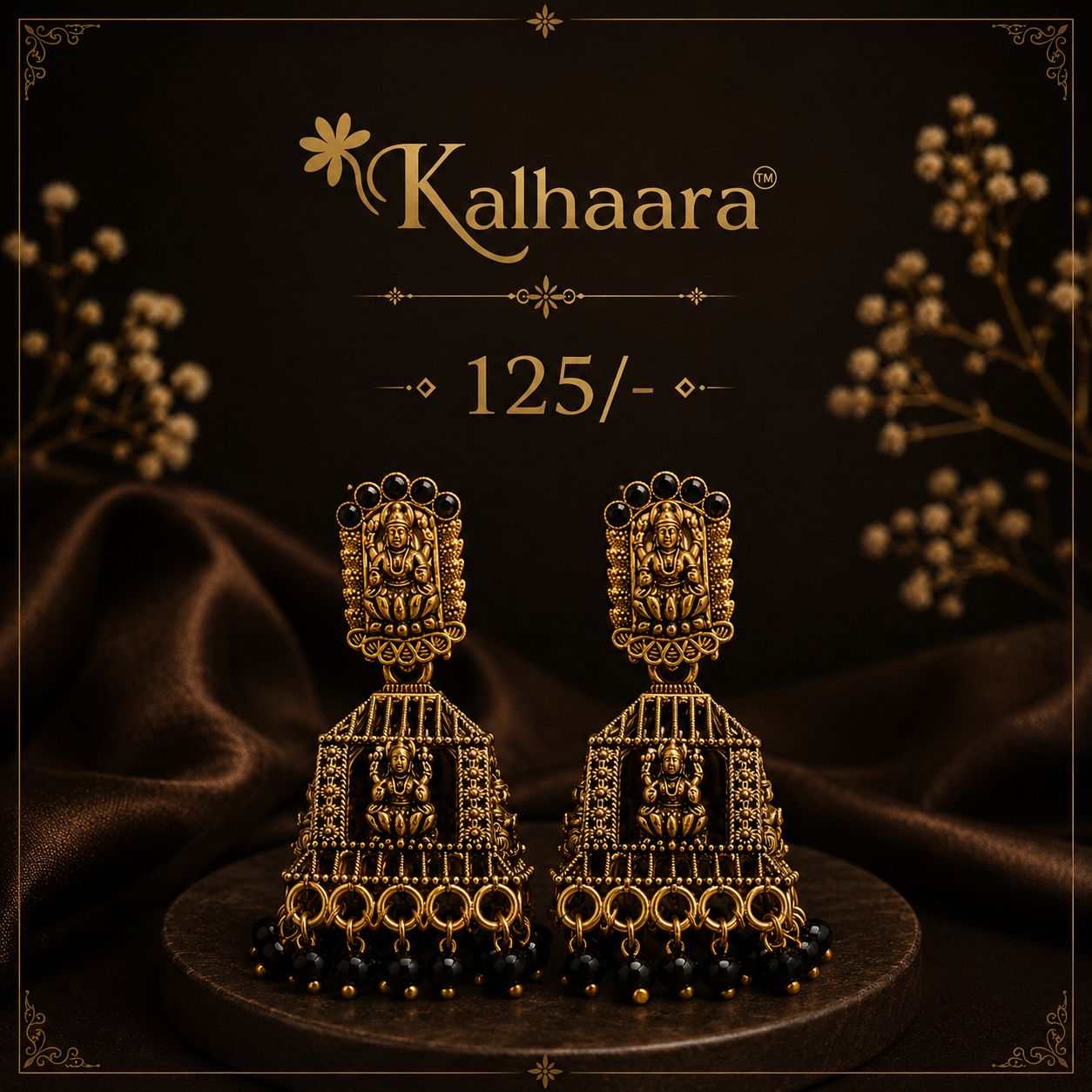 Temple Jhumka Earrings – Black Bead Design