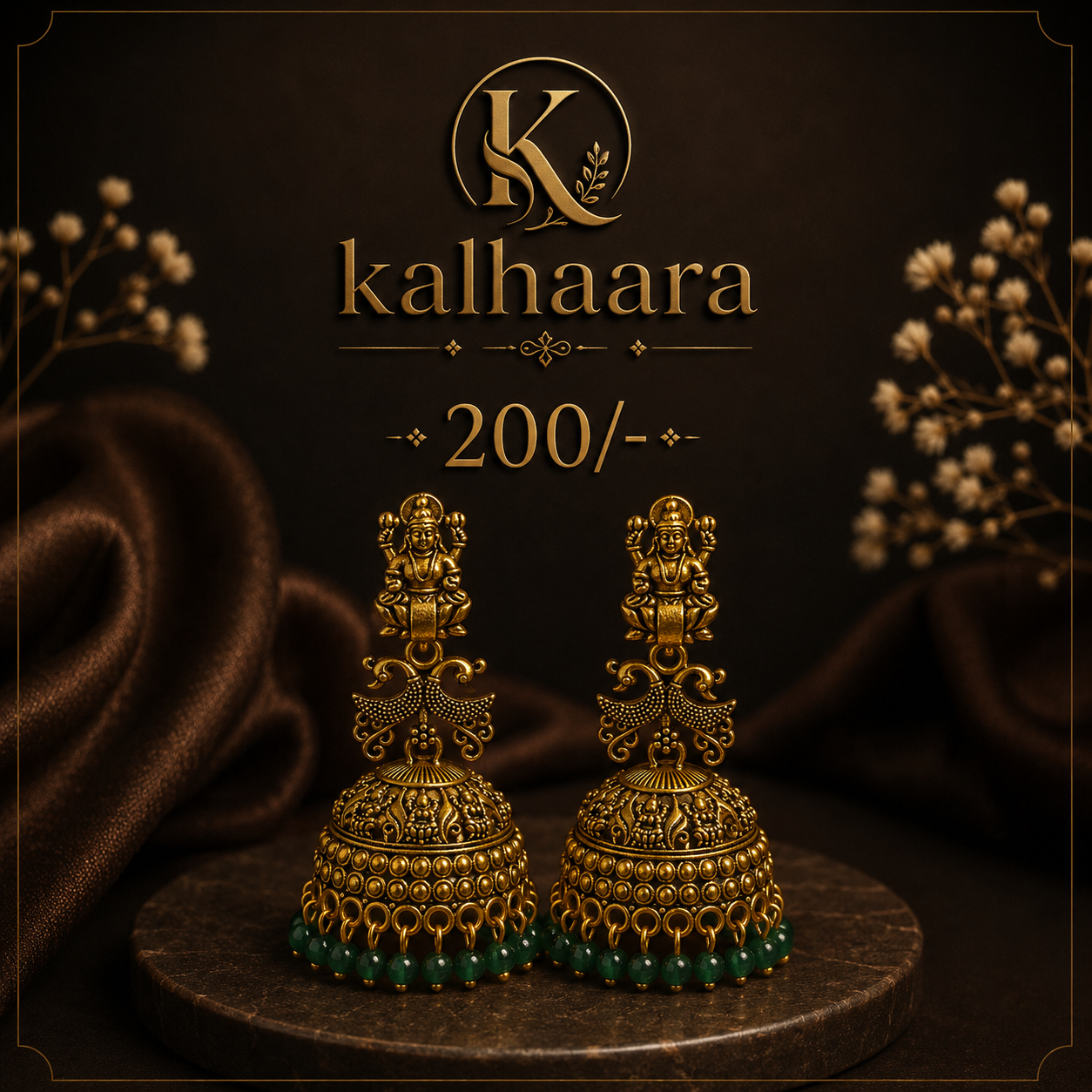 Temple Jhumka Earrings – Green Bead Edition